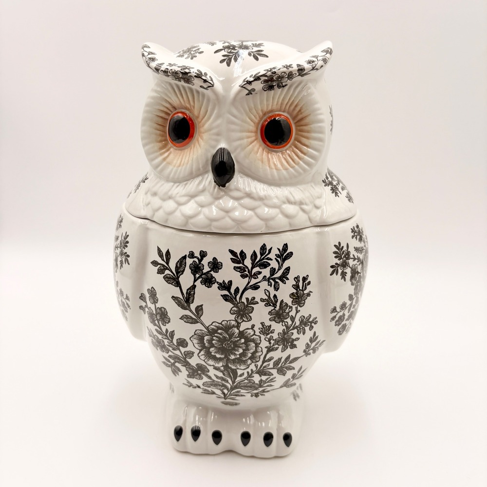 Spooky Street Owl Cookie Jar White Black Floral Toile Ceramic 78oz Halloween New